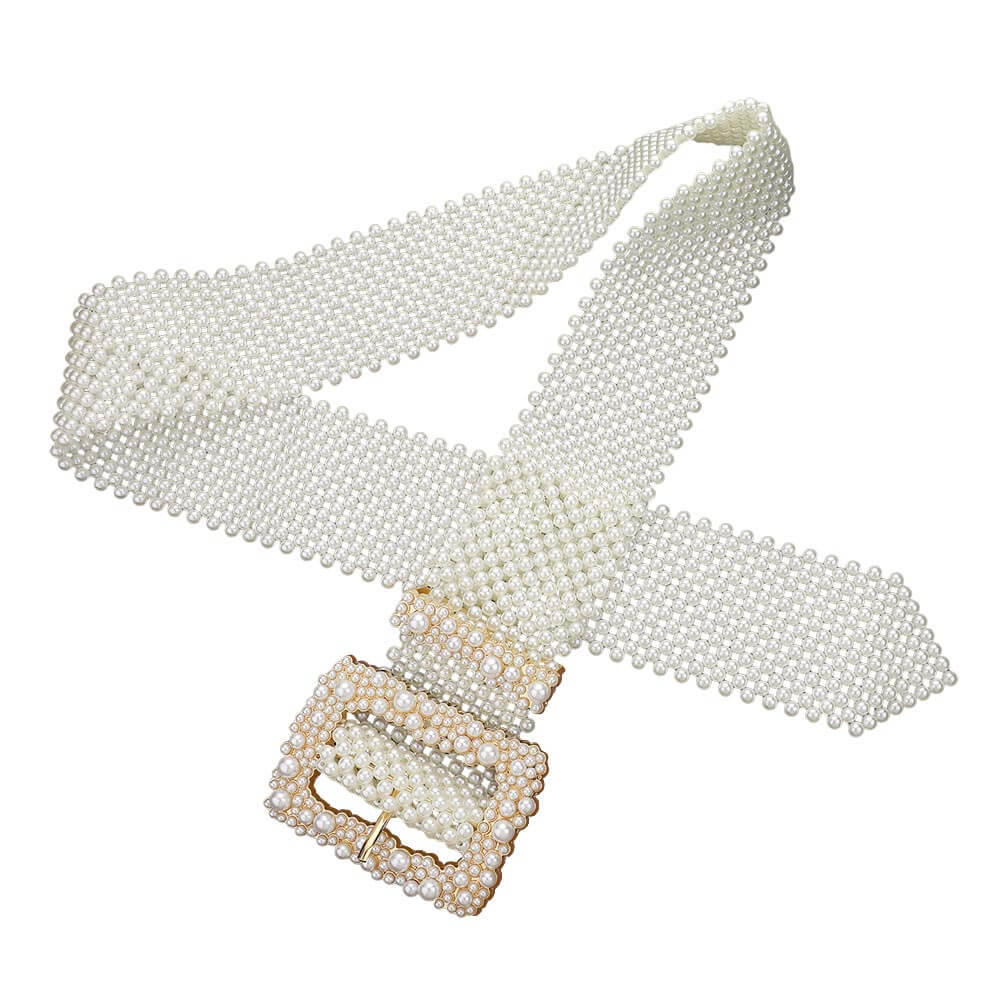 Cream Pearl Embellished Rectangle Buckle Accented Belt - M H W ACCESSORIES LLC