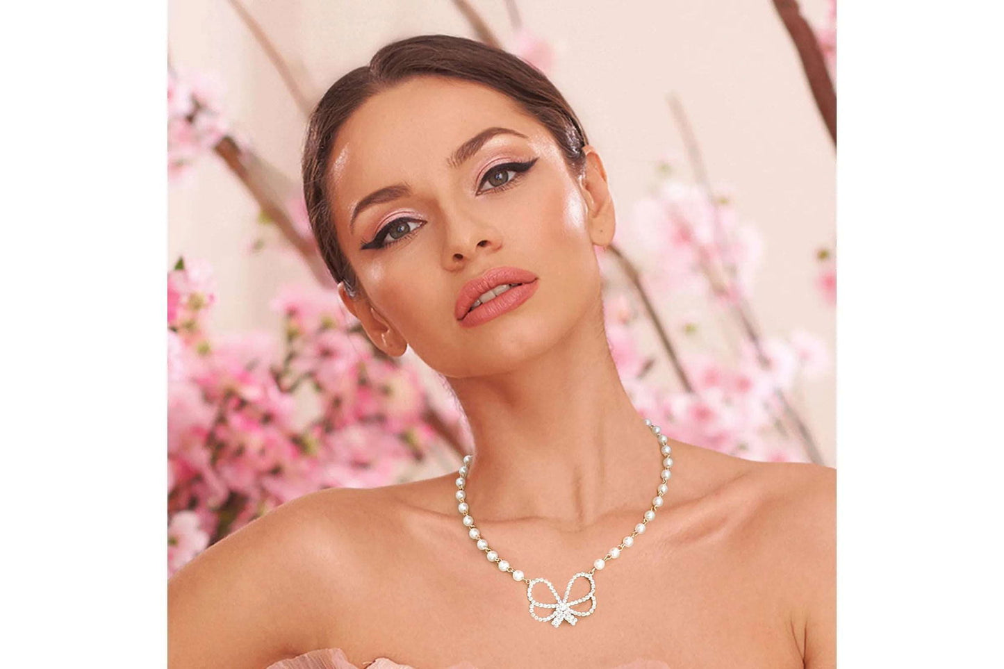 Cream Pearl Rhinestone Bow Necklace Set for Women - M H W ACCESSORIES LLC