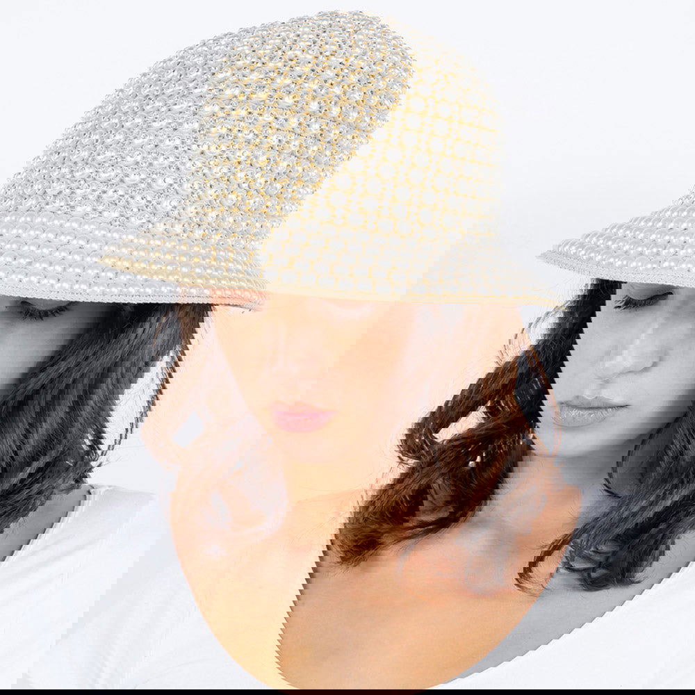 Cream Pearl Rhinestone Embellished Straw Bucket Hat - M H W ACCESSORIES LLC