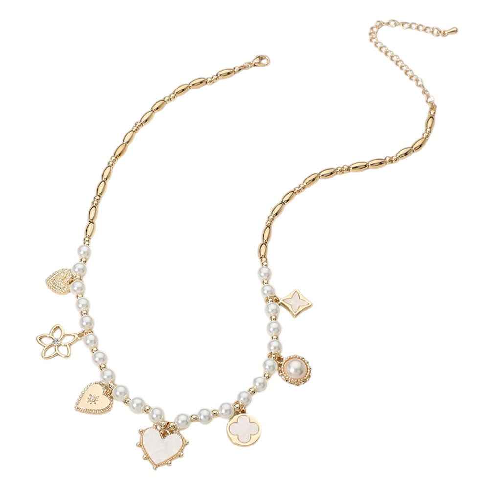Cream Quatrefoil Clover Charm Pearl Metal Ball Beaded Necklace