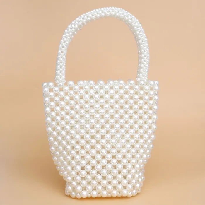 Cream Top Handle Pearl Woven Handmade Bucket Bag - M H W ACCESSORIES LLC