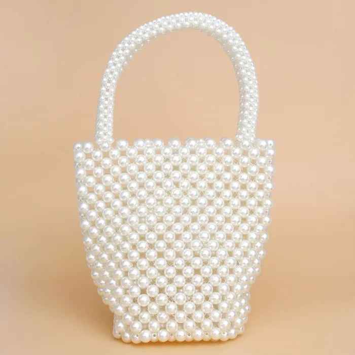 Cream Top Handle Pearl Woven Handmade Bucket Bag