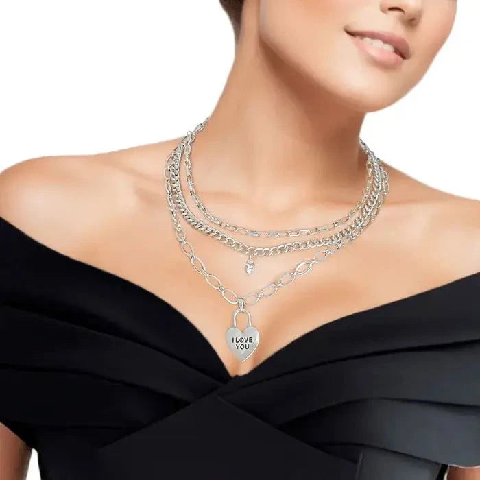 Dainty Silver 3 Layer Chain Locked Heart Necklace Set - M H W ACCESSORIES LLC