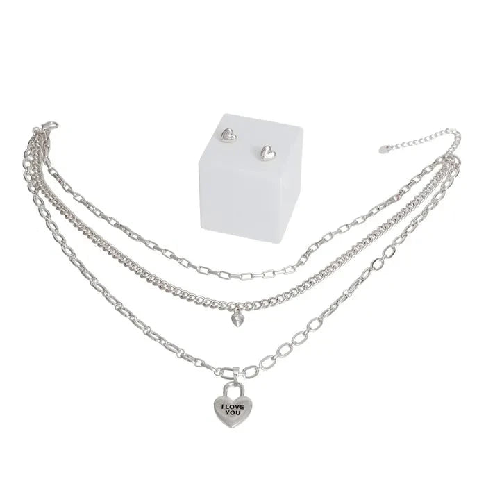 Dainty Silver 3 Layer Chain Locked Heart Necklace Set - M H W ACCESSORIES LLC