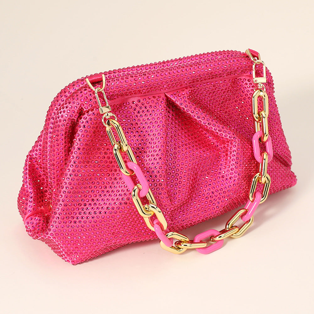 Pink & Gold Bling Studded Chunky Chain Strap Evening Clutch Bag / Crossbody Bag