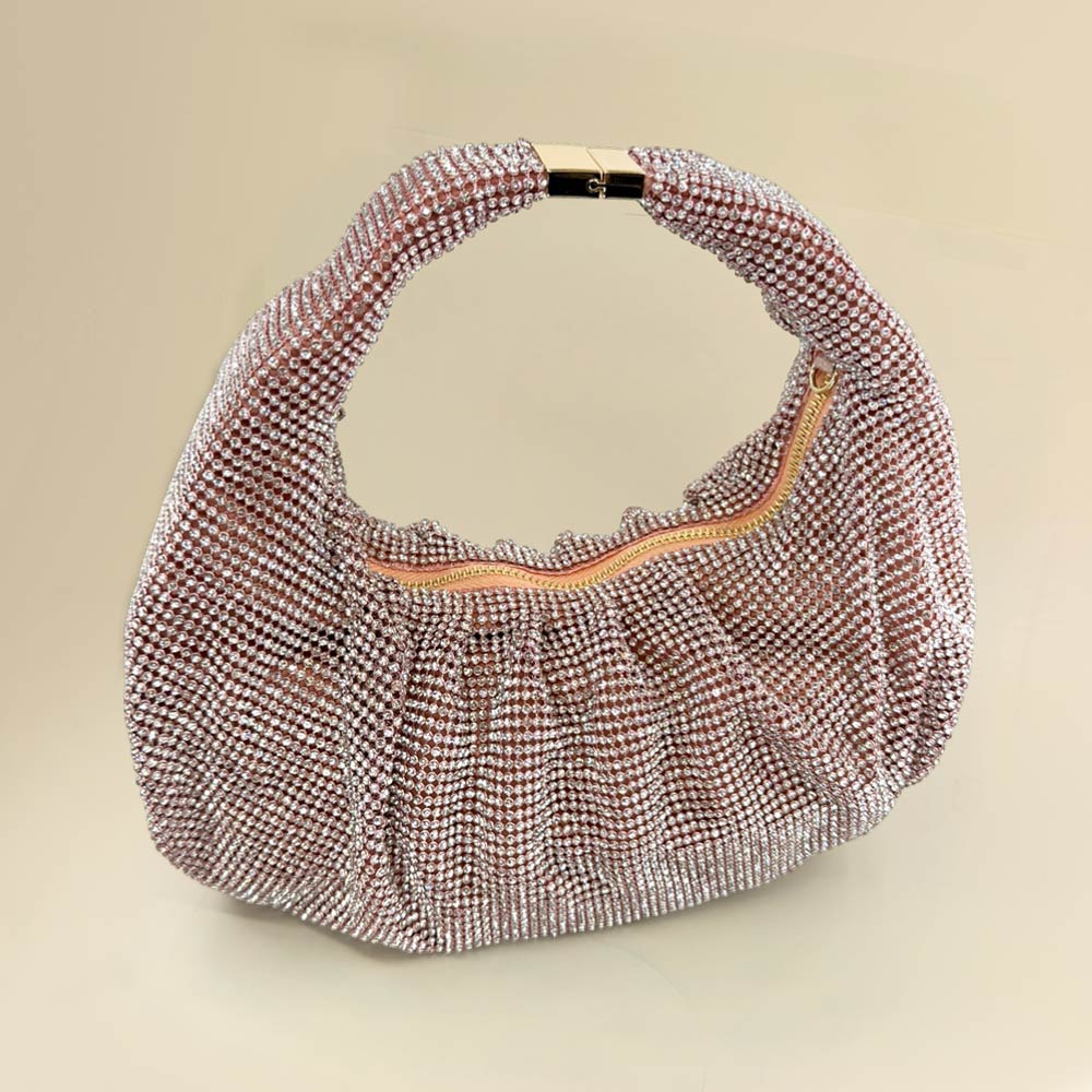 Rose Gold Rhinestone Bling Studded Slouch Hobo Evening Crossbody Bag M H W ACCESSORIES LLC Rose Gold Rhinestone Bling Studded Slouch Hobo Evening Crossbody Bag