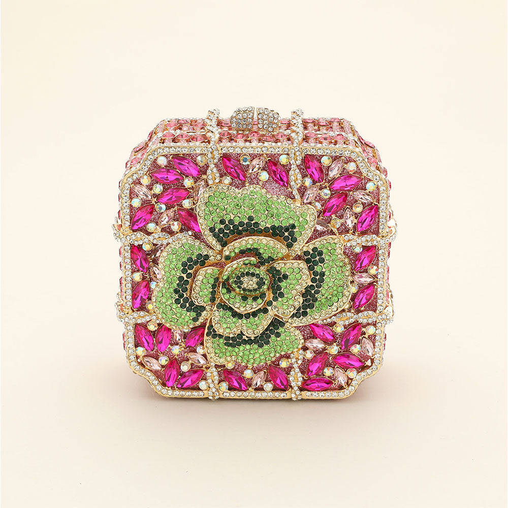 Pink & Green Crystal Rhinestone Embellished Flower Square Evening Clutch / Shoulder Bag