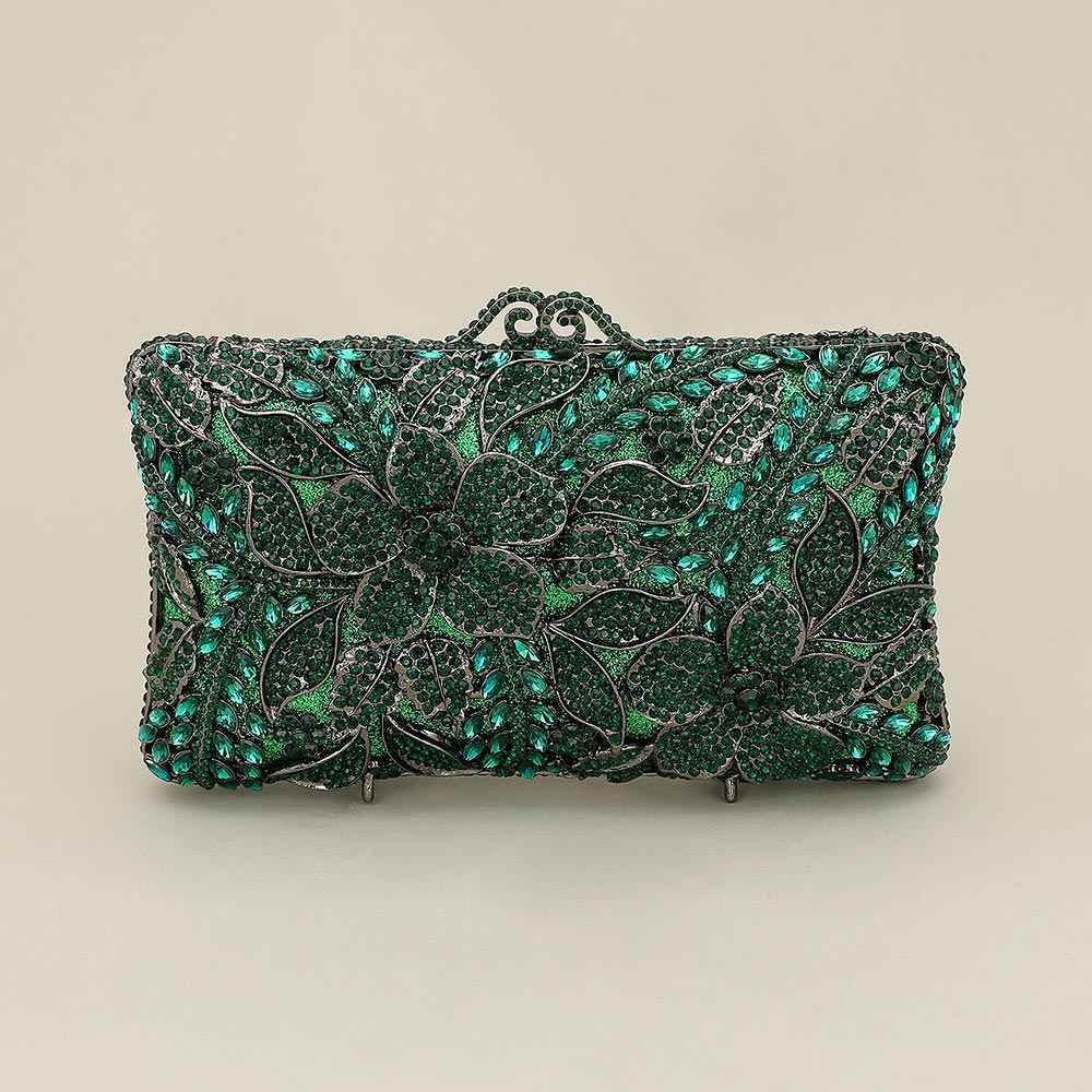 Green Crystal Rhinestone Embellished Floral Frame Evening Clutch Shoulder Bag