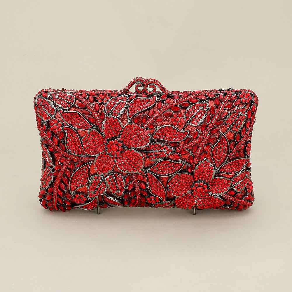 Crystal Rhinestone Embellished Floral Frame Evening Clutch Shoulder Bag