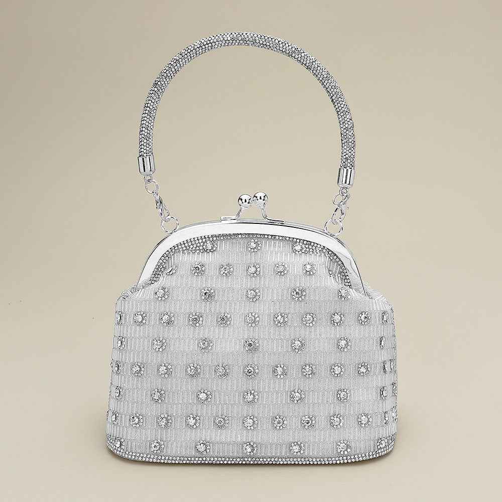 Silver Elegant Rhinestone Embellished Top Handle Evening Crossbody Bag