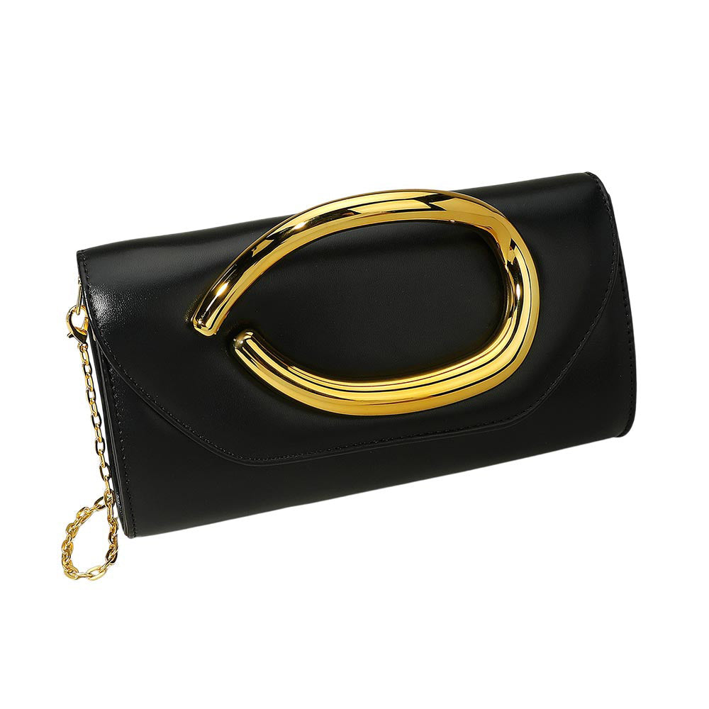 Evening Black Bold Hardware Accent Snake Pattern Faux Leather Evening / Crossbody Bag