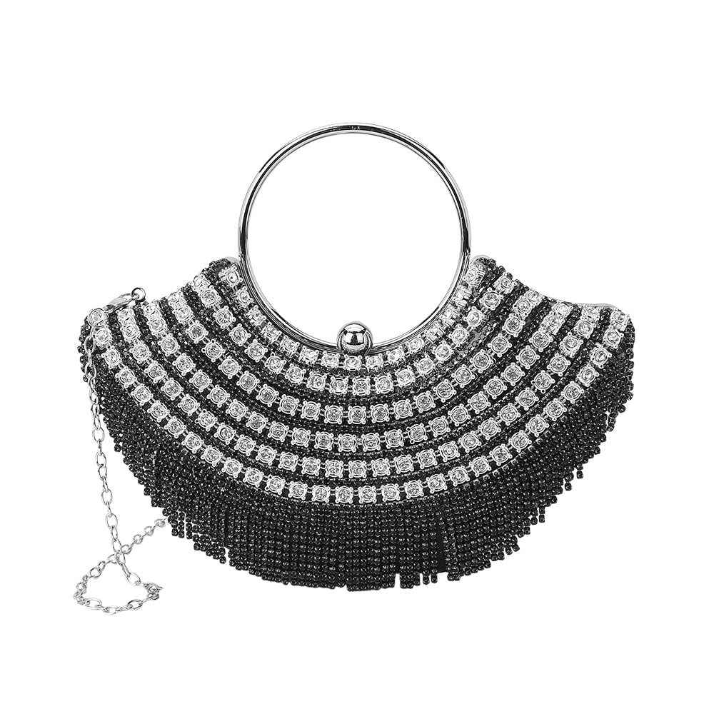 Black Crystal Rhinestone Fringe Embellished Round Handle Crossbody Evening Bag