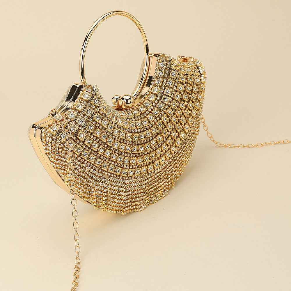 Gold Crystal Rhinestone Fringe Embellished Round Handle Crossbody Evening Bag