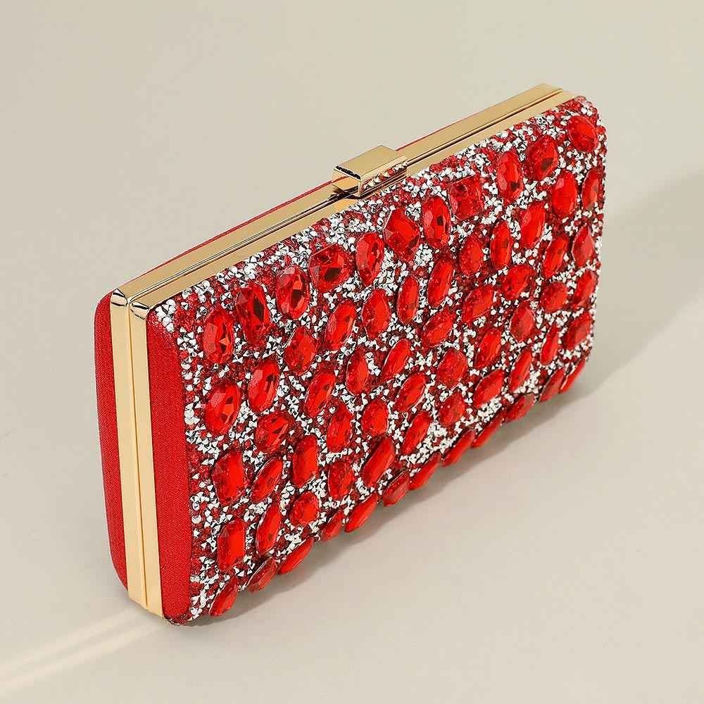 Red Faceted Stone Embellished Evening Clutch Bag