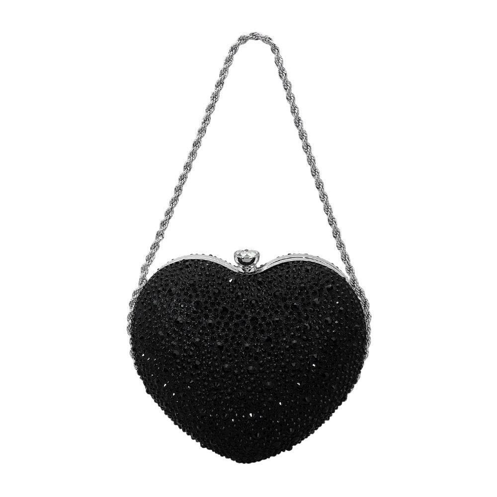 Rhinestone Studded Black Heart Shaped Evening Clutch Crossbody Bag M H W ACCESSORIES LLC Rhinestone Studded Black Heart Shaped Evening Clutch Crossbody Bag