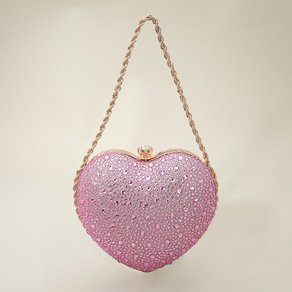 Rhinestone Studded Pink Heart Shaped Evening Clutch Crossbody Bag