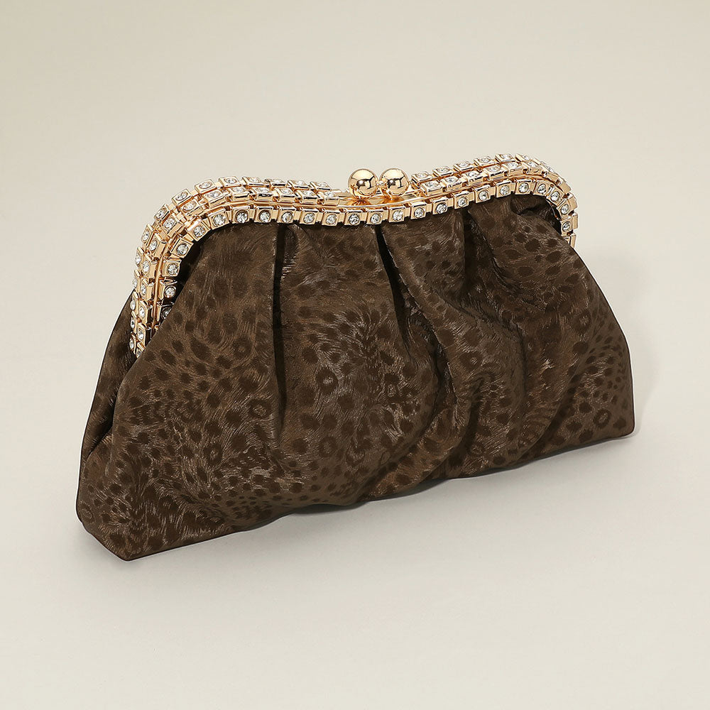 Dark Brown Rhinestone Bead Frame Leopard Print Crossbody Evening Clutch Bag M H W ACCESSORIES LLC Dark Brown Rhinestone Bead Frame Leopard Print Crossbody Evening Clutch Bag