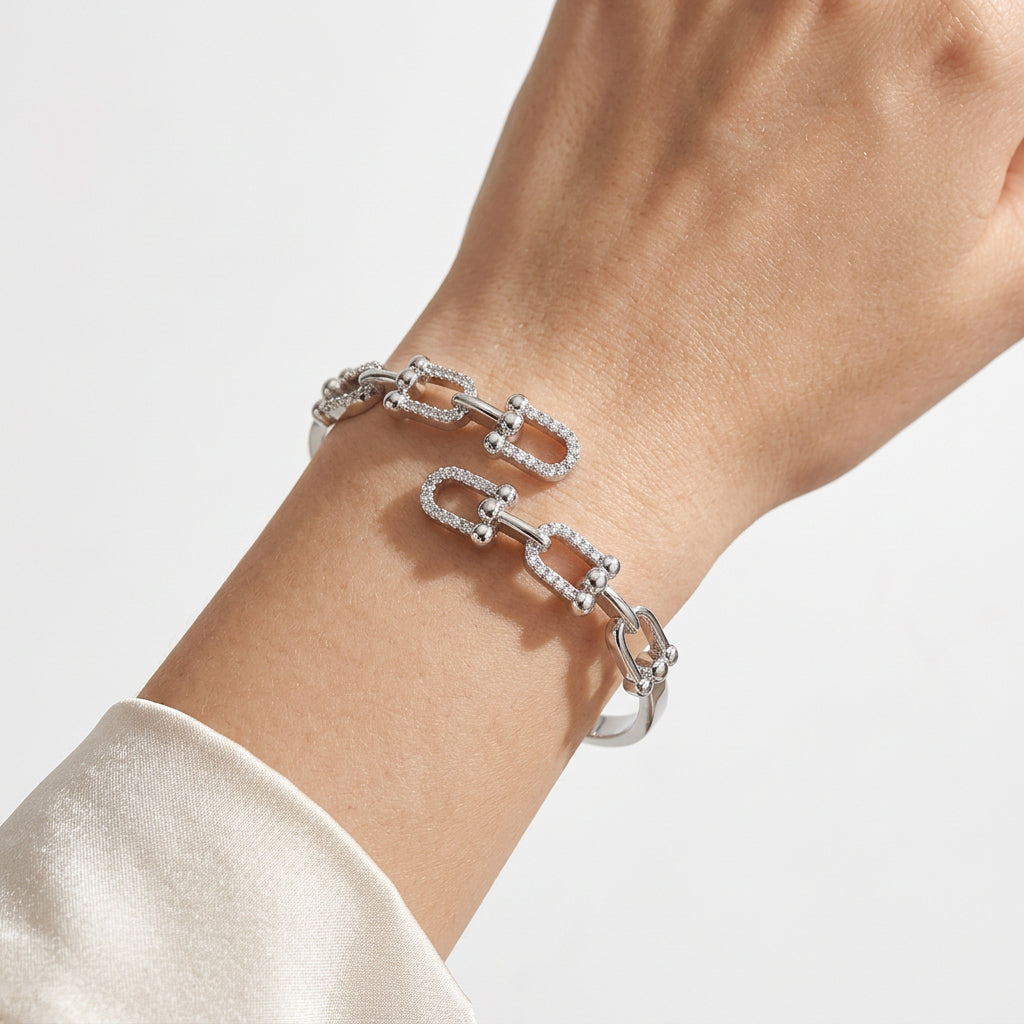 CZ Pavé Oval Link Double-Row Hinged Bangle Bracelet M H W ACCESSORIES LLC CZ Pavé Oval Link Double-Row Hinged Bangle Bracelet
