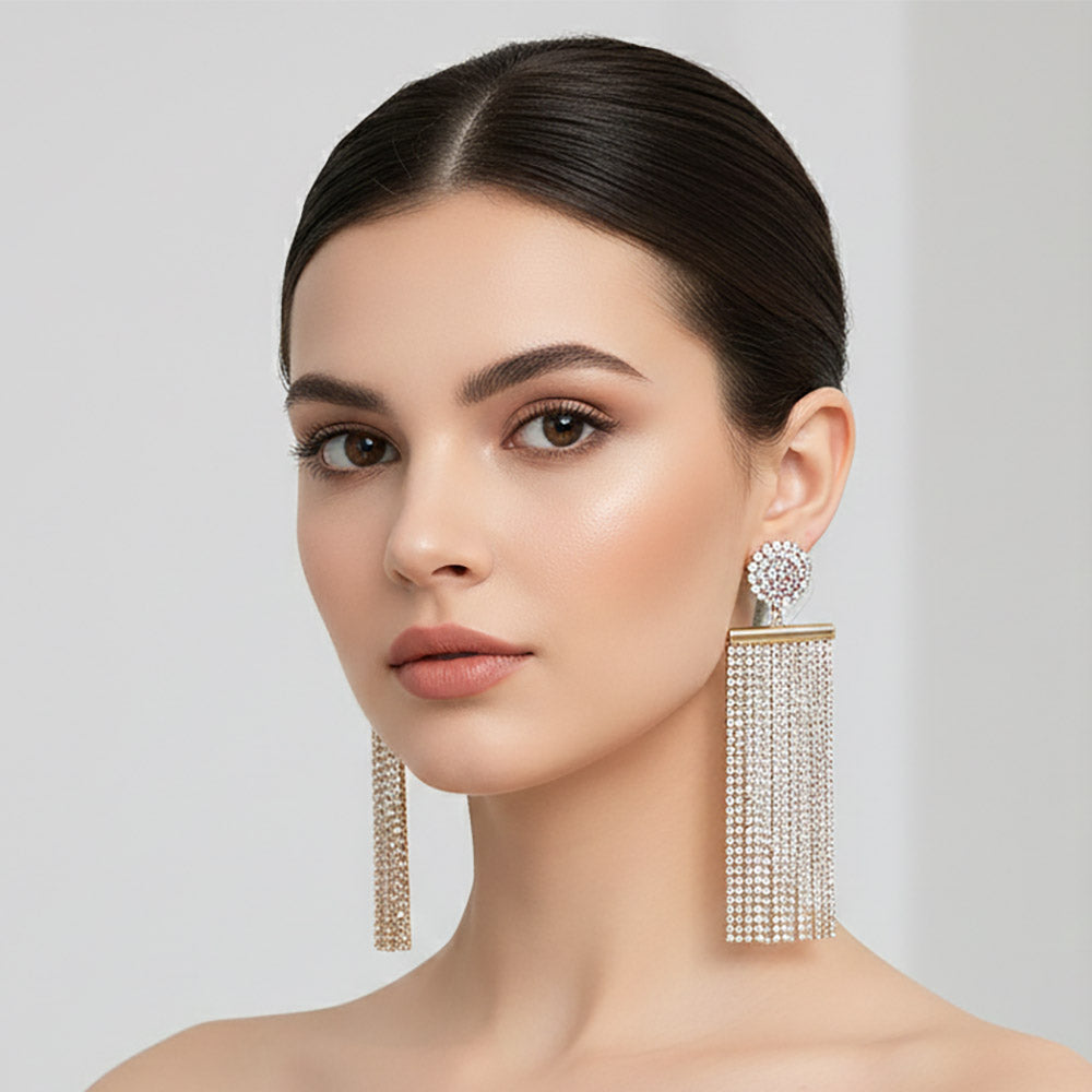 Rhinestone Fringe Drop Statement Evening Earrings M H W ACCESSORIES LLC Rhinestone Fringe Drop Statement Evening Earrings