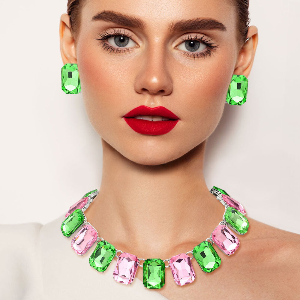 Pink & Green Emerald Cut Stone Link Evening Necklace M H W ACCESSORIES LLC Pink & Green Emerald Cut Stone Link Evening Necklace