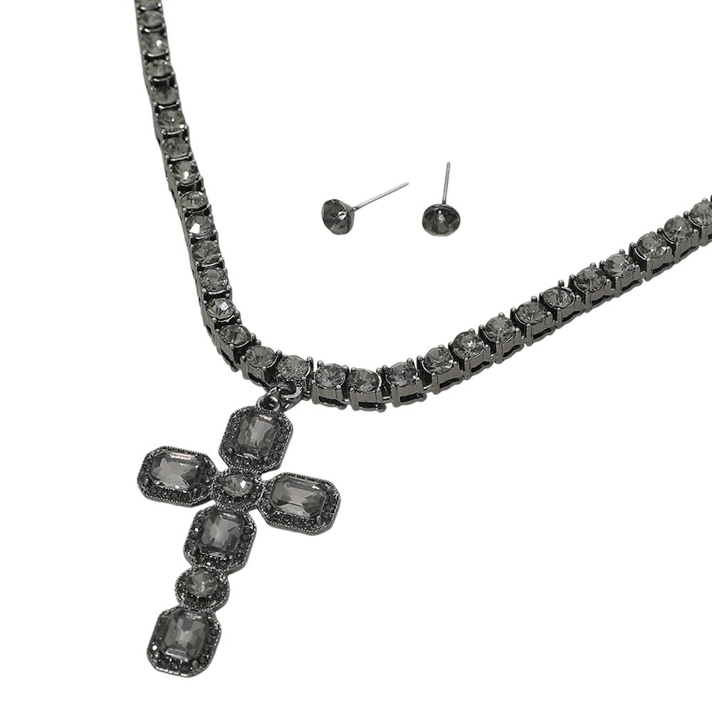 Black Embellished Cross Pendant Bling Studded Chunky Chain Necklace M H W ACCESSORIES LLC Black Embellished Cross Pendant Bling Studded Chunky Chain Necklace