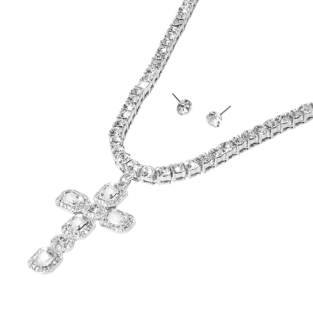 Clear Silver Embellished Cross Pendant Bling Studded Chunky Chain Necklace