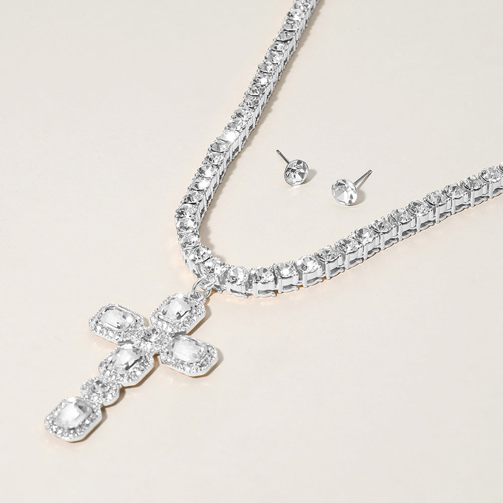 Clear Silver Embellished Cross Pendant Bling Studded Chunky Chain Necklace