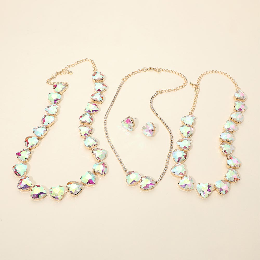 3PCS - Heart Stone Cluster Link Evening Necklace Set M H W ACCESSORIES LLC 3PCS - Heart Stone Cluster Link Evening Necklace Set