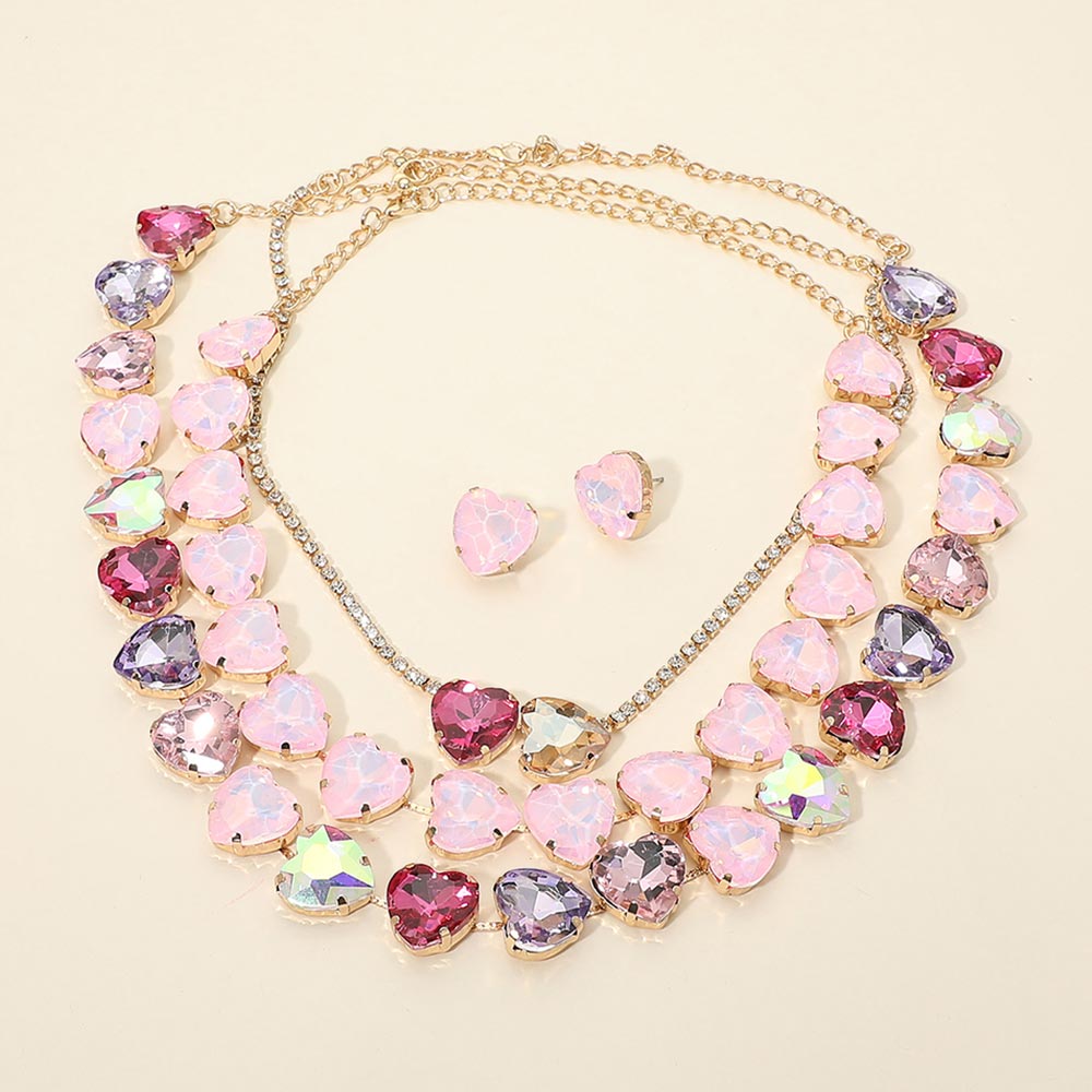 3PCS - Pink Heart Cluster Link Evening Necklace Set M H W ACCESSORIES LLC 3PCS - Pink Heart Cluster Link Evening Necklace Set