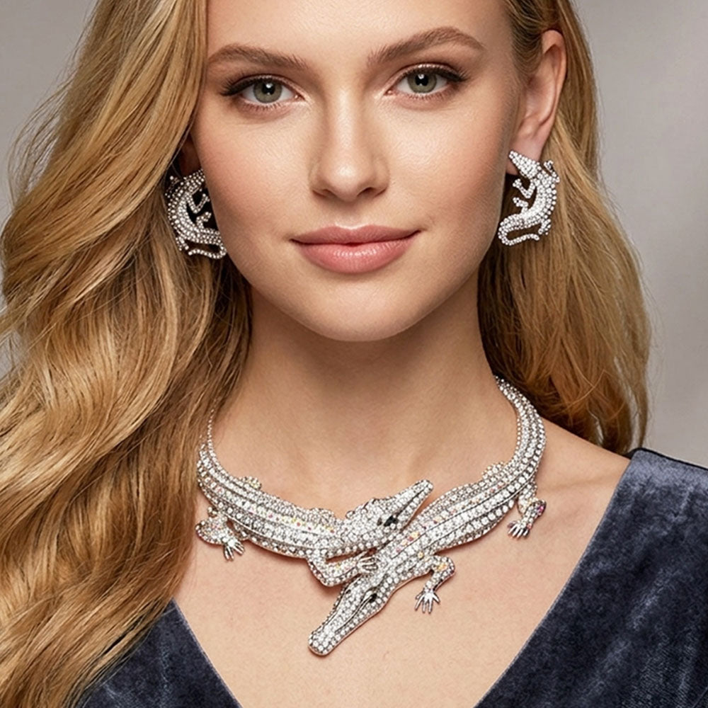 Silver Double Alligator Evening Necklace for Women M H W ACCESSORIES LLC Silver Double Alligator Evening Necklace for Women