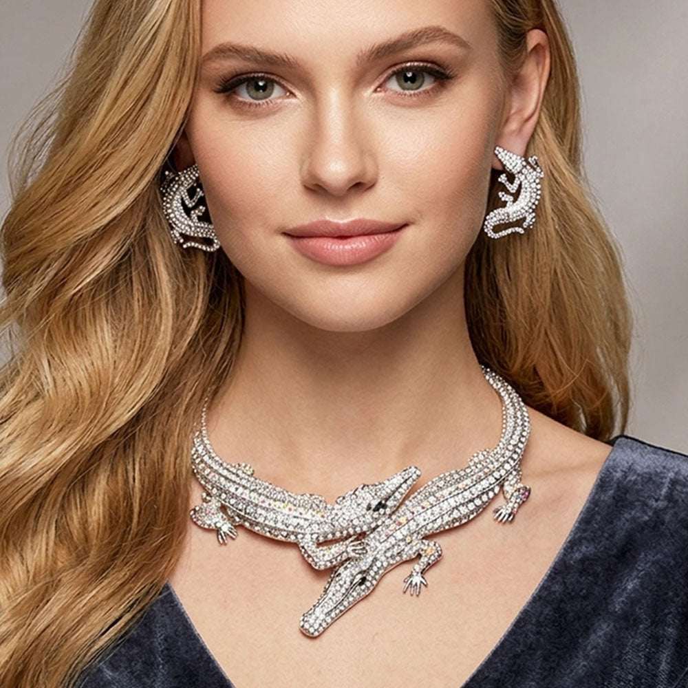 Silver Double Alligator Evening Necklace for Women M H W ACCESSORIES LLC Silver Double Alligator Evening Necklace for Women
