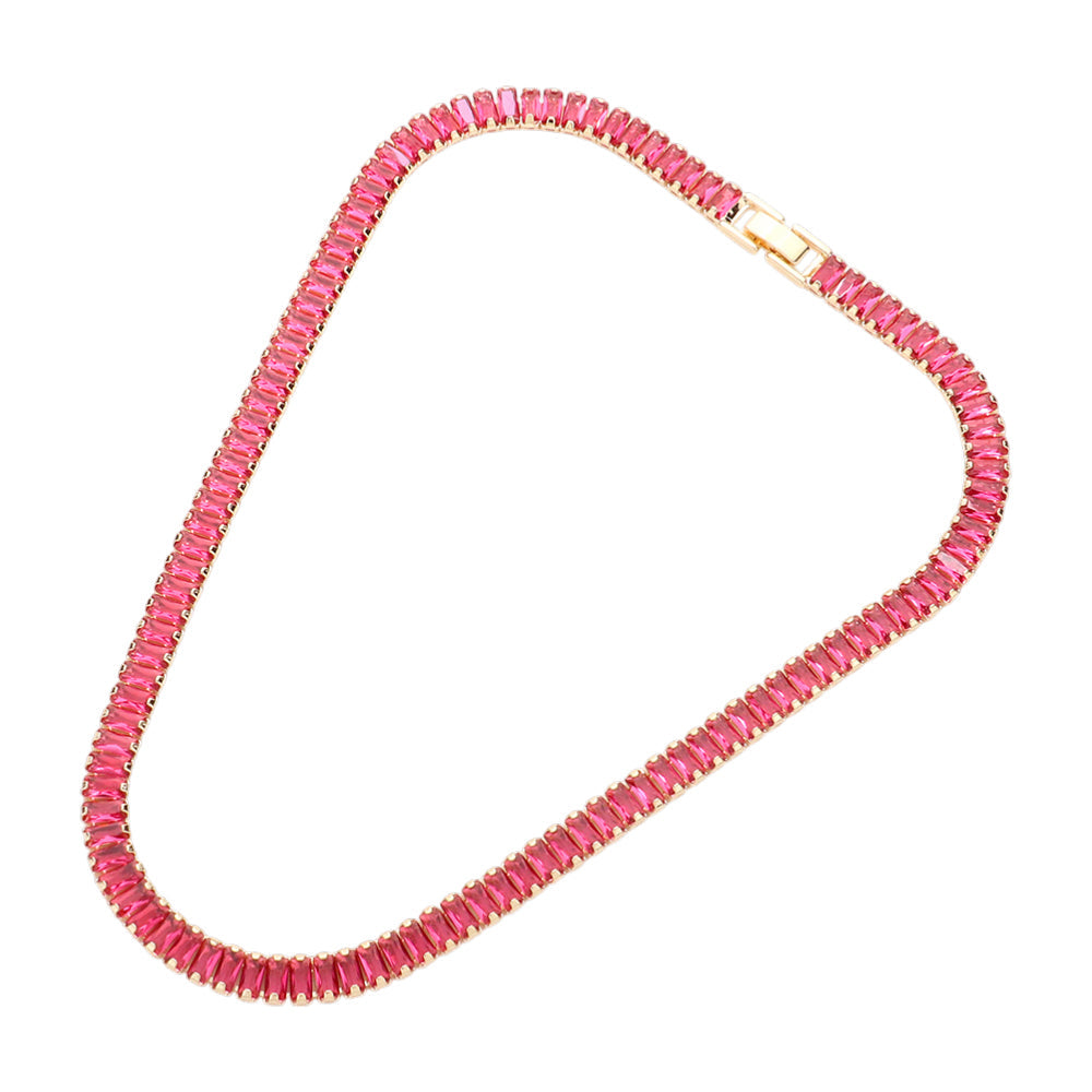 Baguette Fuchsia & Gold Elegant Cluster Evening Necklace M H W ACCESSORIES LLC Baguette Fuchsia & Gold Elegant Cluster Evening Necklace