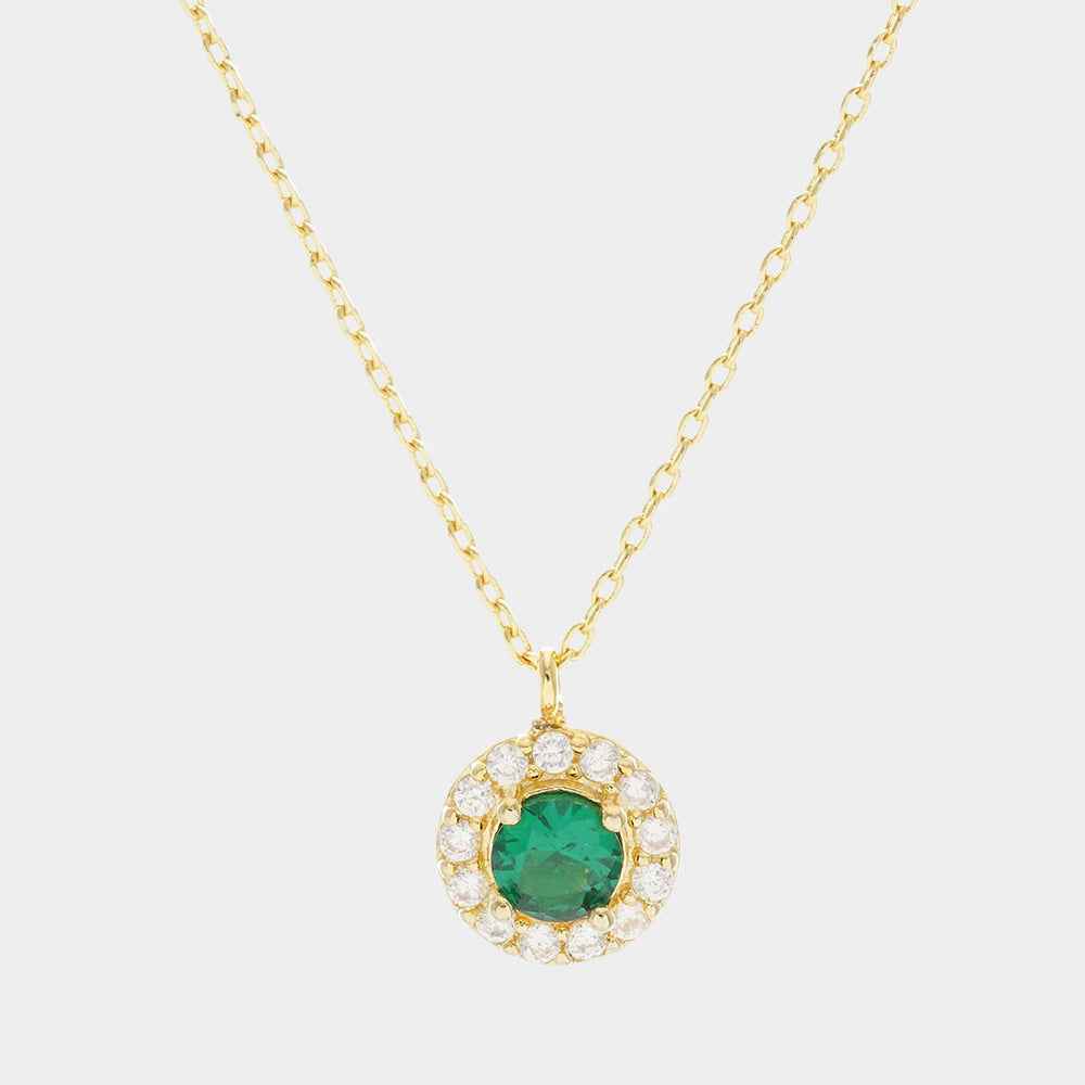 Emerald Green Gold Dipped CZ Round Pendant Necklace