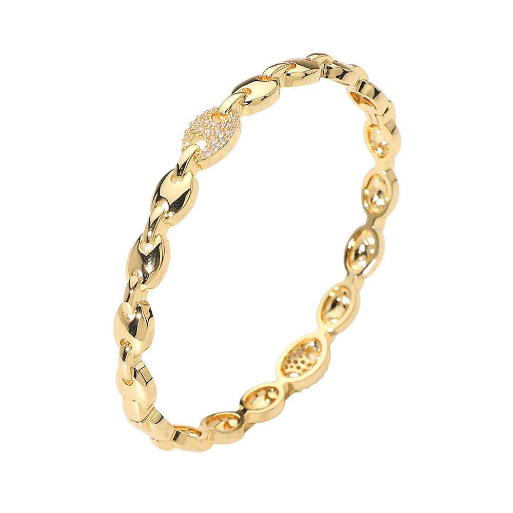 18K Gold Dipped Paved Accent Mariner Link Hinged Bangle Bracelet