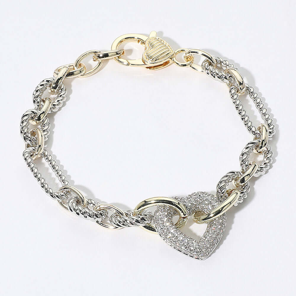 14K Gold Plated CZ Stone Paved Heart Link Two Tone Chain Bracelet M H W ACCESSORIES LLC 14K Gold Plated CZ Stone Paved Heart Link Two Tone Chain Bracelet