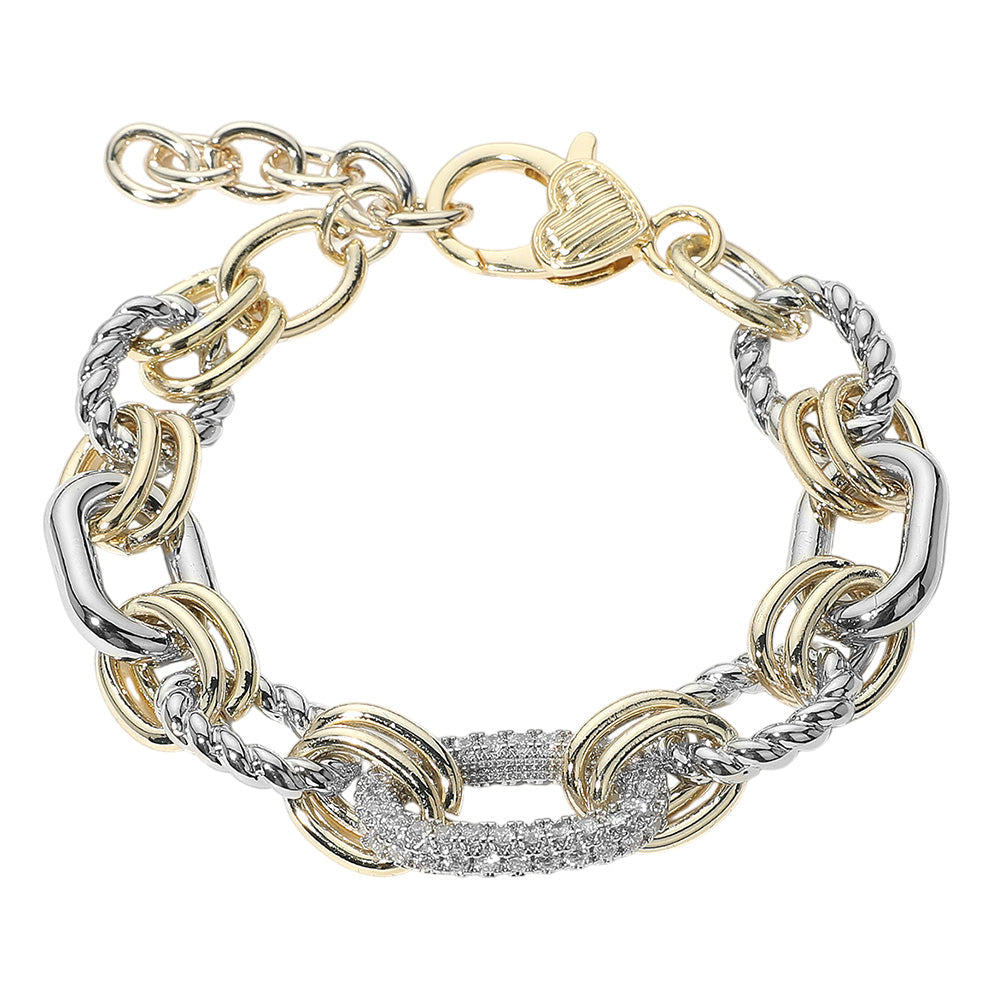14K Gold Plated Two Tone CZ Stone Paved Mariner Link Bracelet M H W ACCESSORIES LLC 14K Gold Plated Two Tone CZ Stone Paved Mariner Link Bracelet