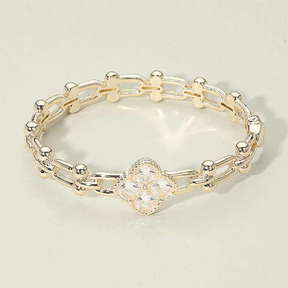 14K Gold Plated CZ Clover Accent Hinged Bangle Bracelet