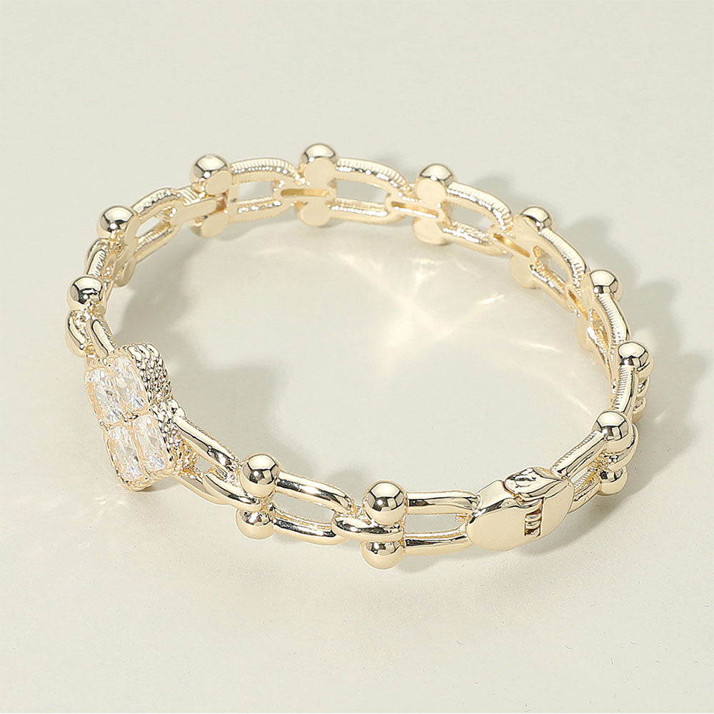 14K Gold Plated CZ Clover Accent Hinged Bangle Bracelet
