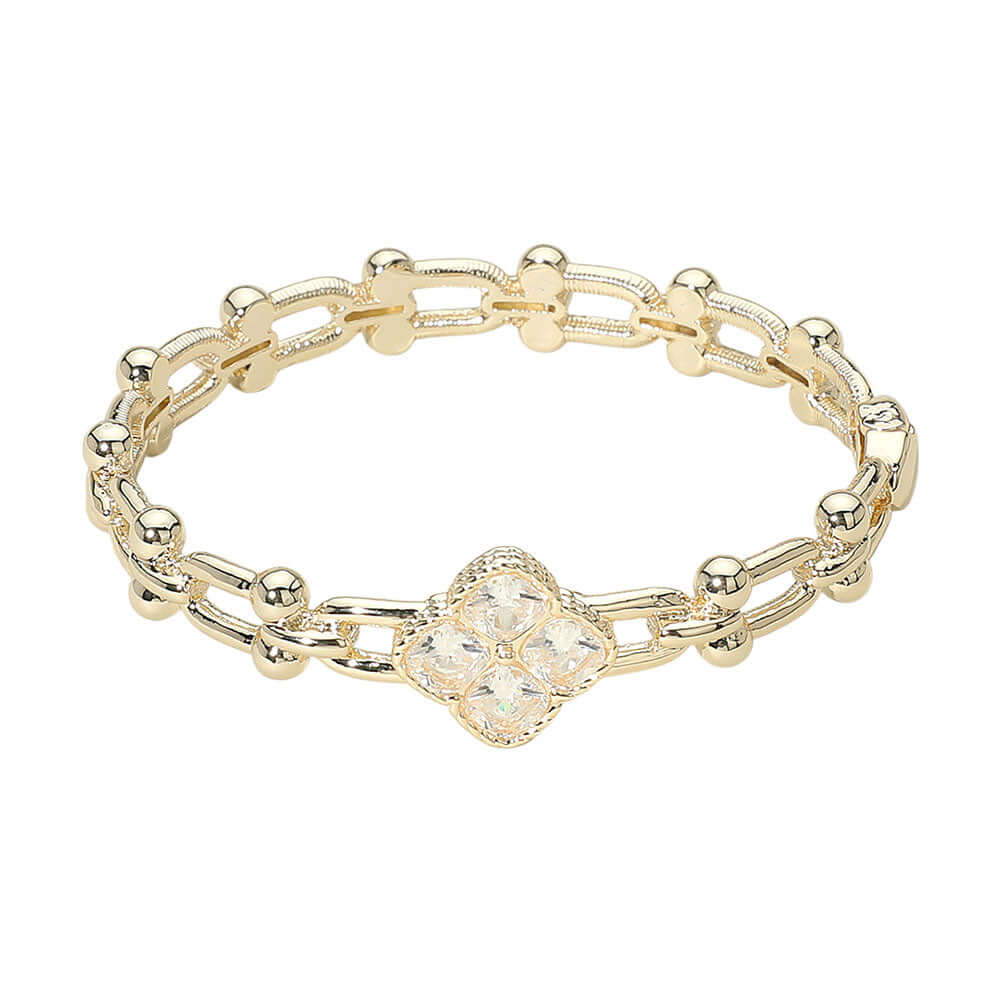 14K Gold Plated CZ Clover Accent Hinged Bangle Bracelet