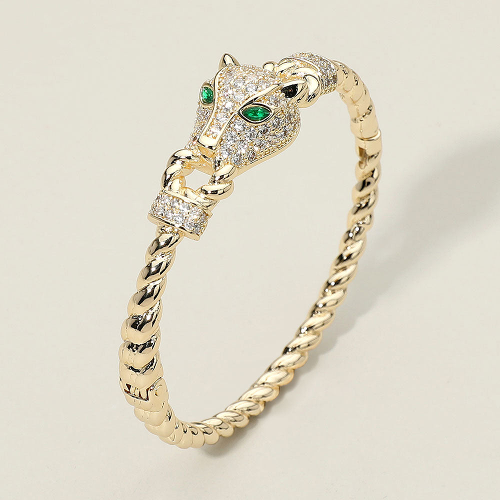 14K Gold Plated CZ Paved Leopard Panther Head Accent Hinged Bangle Bracelet M H W ACCESSORIES LLC 14K Gold Plated CZ Paved Leopard Panther Head Accent Hinged Bangle Bracelet