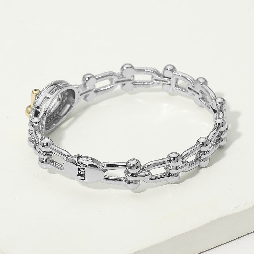 14K Gold Plated Two Tone CZ Pavel Oval Accent Industrial Link Hinged Bangle Bracelet M H W ACCESSORIES LLC 14K Gold Plated Two Tone CZ Pavel Oval Accent Industrial Link Hinged Bangle Bracelet