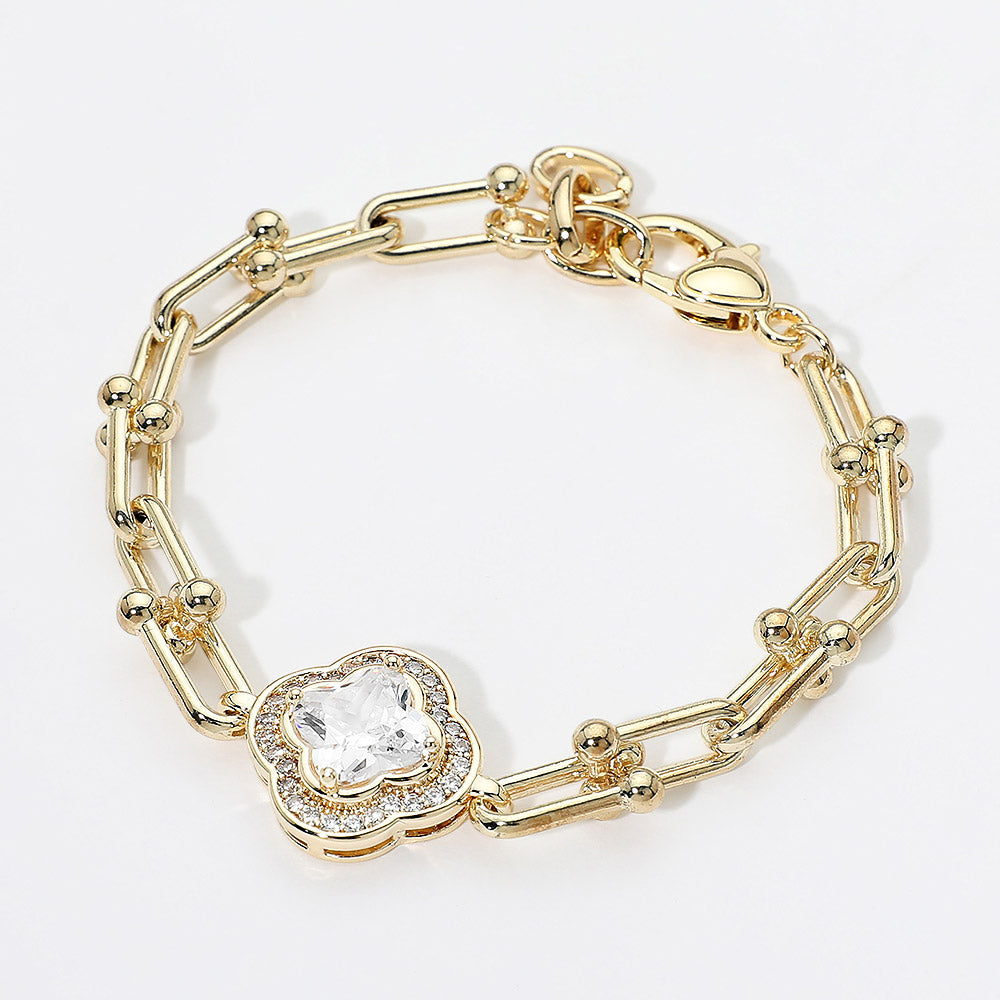14K Gold Plated Quatrefoil CZ Charm Accent Industrial Link Bracelet M H W ACCESSORIES LLC 14K Gold Plated Quatrefoil CZ Charm Accent Industrial Link Bracelet