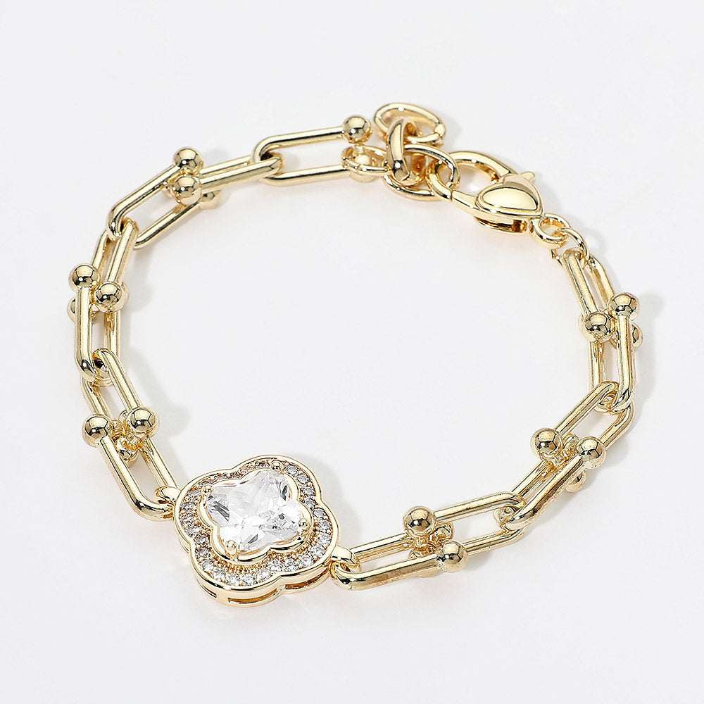 14K Gold Plated Quatrefoil CZ Charm Accent Industrial Link Bracelet M H W ACCESSORIES LLC 14K Gold Plated Quatrefoil CZ Charm Accent Industrial Link Bracelet