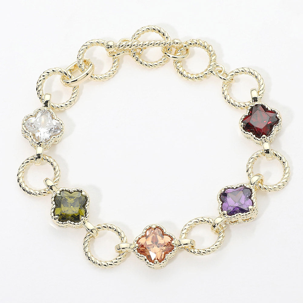 14K Gold Plated Multi-Color CZ Quatrefoil Textured Ring Link Toggle Bracelet