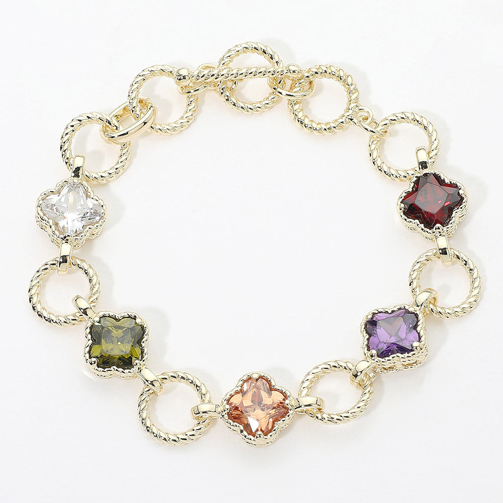 14K Gold Plated Multi-Color CZ Quatrefoil Textured Ring Link Toggle Bracelet M H W ACCESSORIES LLC 14K Gold Plated Multi-Color CZ Quatrefoil Textured Ring Link Toggle Bracelet