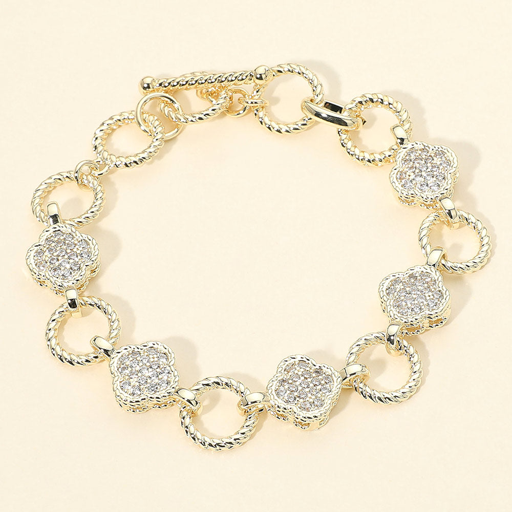 14K Gold Plated CZ Pave Quatrefoil Textured Ring Link Toggle Bracelet
