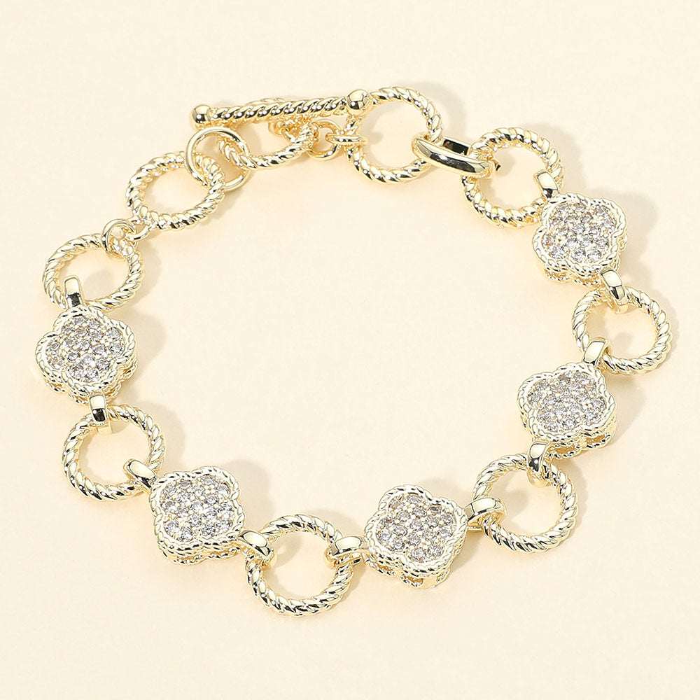 14K Gold Plated CZ Pave Quatrefoil Textured Ring Link Toggle Bracelet M H W ACCESSORIES LLC 14K Gold Plated CZ Pave Quatrefoil Textured Ring Link Toggle Bracelet