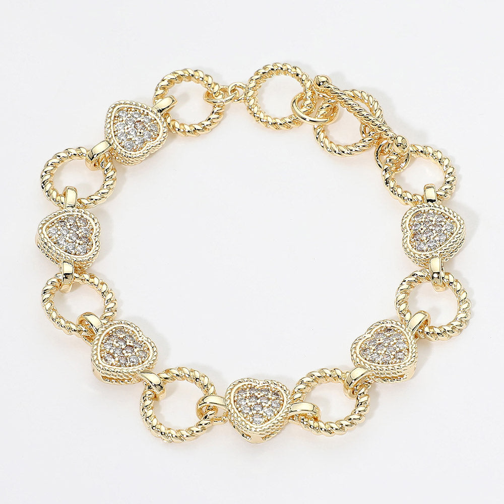 14K Gold Plated CZ Heart Charm Link Toggle Bracelet M H W ACCESSORIES LLC 14K Gold Plated CZ Heart Charm Link Toggle Bracelet