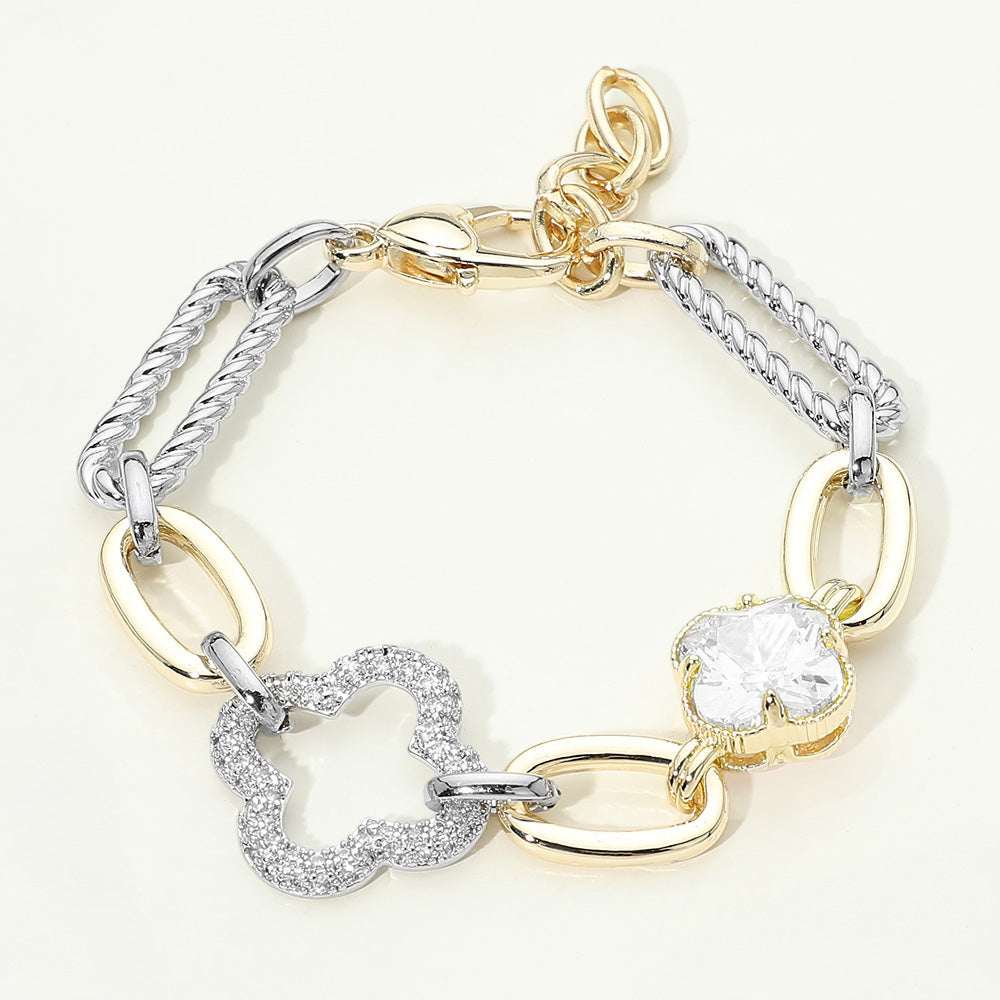 14K Gold Plated CZ Pave Clover Accent Mixed Link Statement Bracelet M H W ACCESSORIES LLC 14K Gold Plated CZ Pave Clover Accent Mixed Link Statement Bracelet