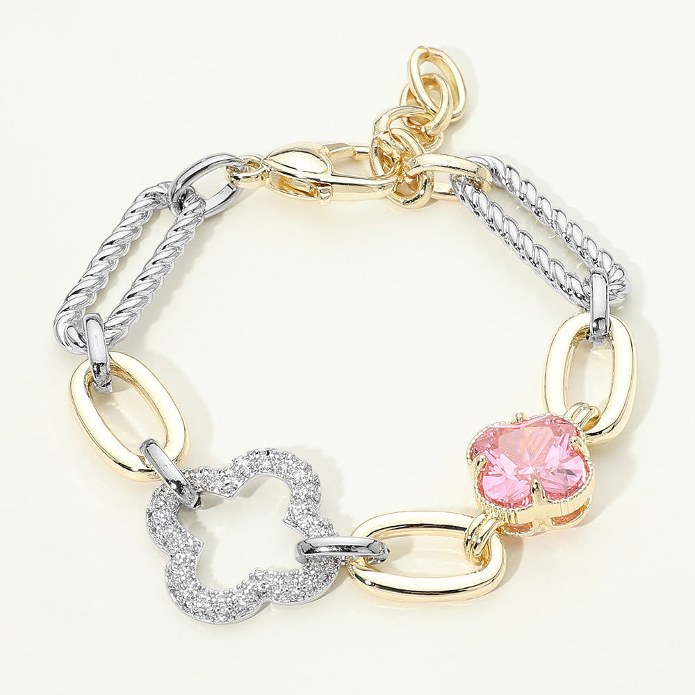 14K Gold Plated Rose CZ Pave Clover Accent Mixed Link Statement Bracelet M H W ACCESSORIES LLC 14K Gold Plated Rose CZ Pave Clover Accent Mixed Link Statement Bracelet
